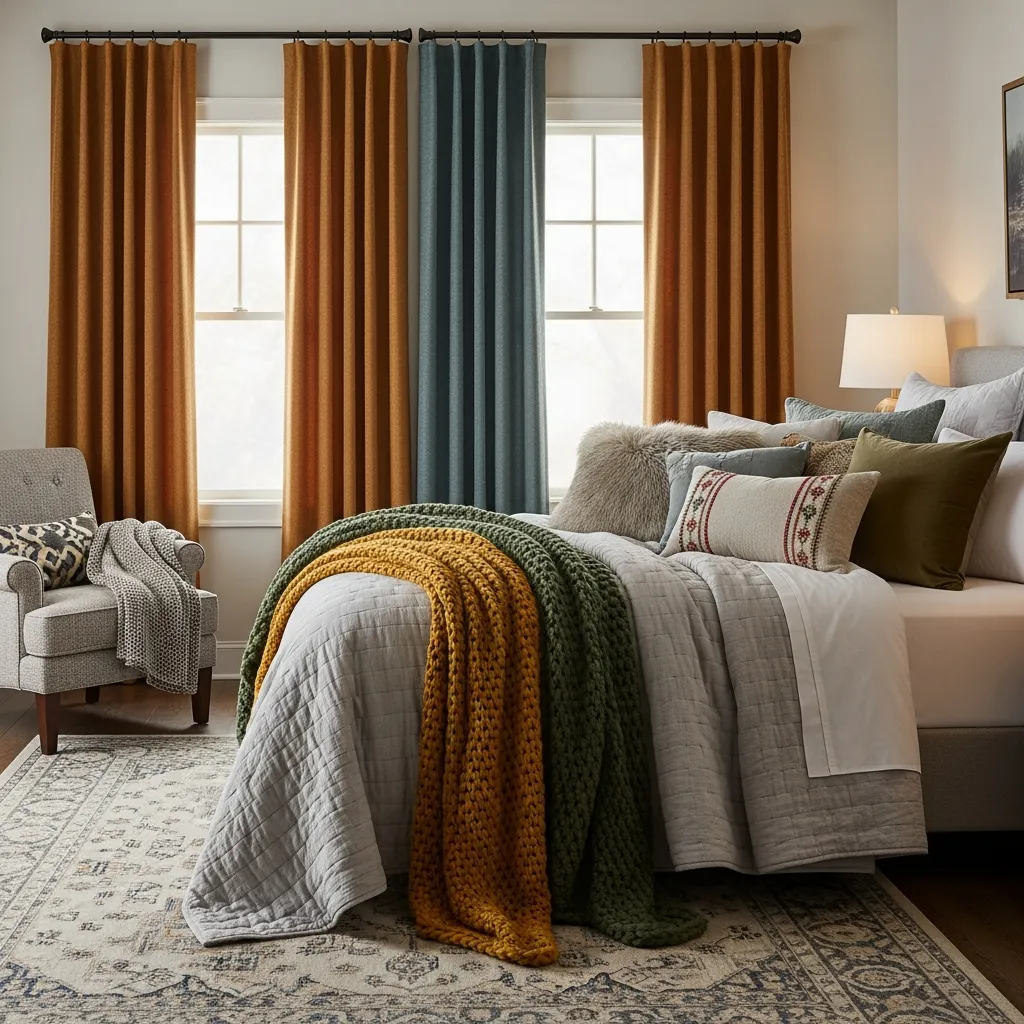 Dormitorio con cortinas y textiles