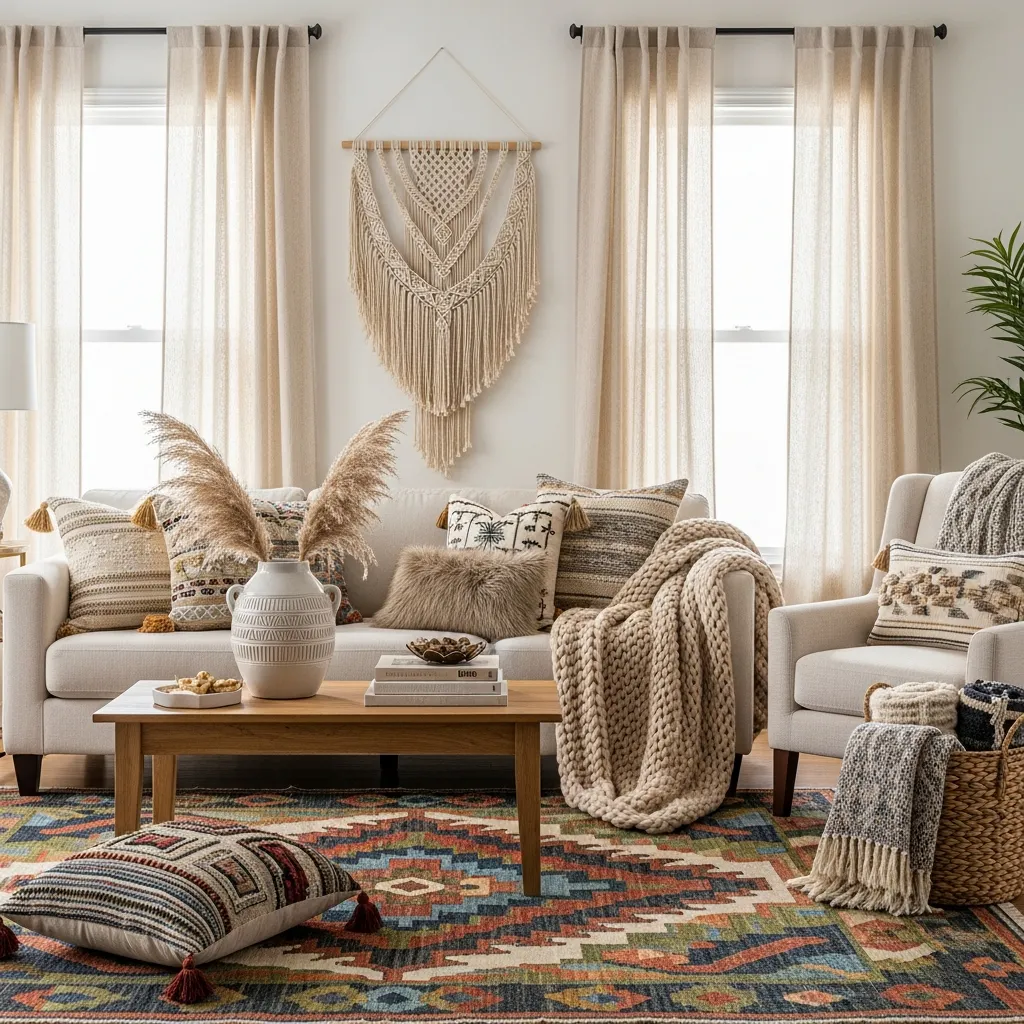 Sala de estar con textiles decorativos
